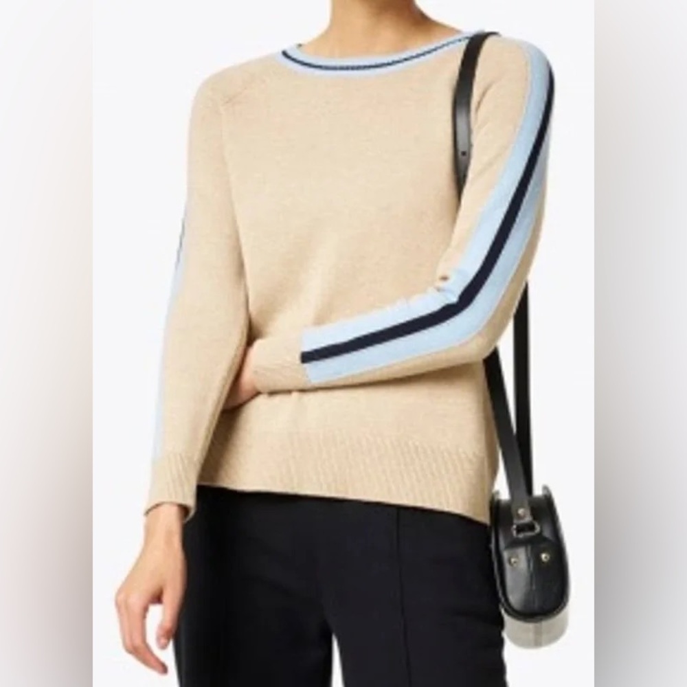 Sail to Sable Cream and Blue Crew Neck Sweater with Sporty Stripes